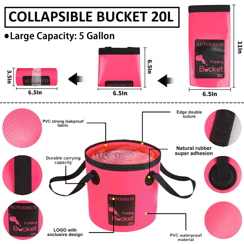 AUTODECO 22Pcs Car Wash Cleaning Tools Kit Car Detailing Set with Canvas Bag Pink Collapsible Bucket Wash Mitt Sponge Towels Tire Brush Window Scraper Duster Complete Interior Car Care Kit - Image 2